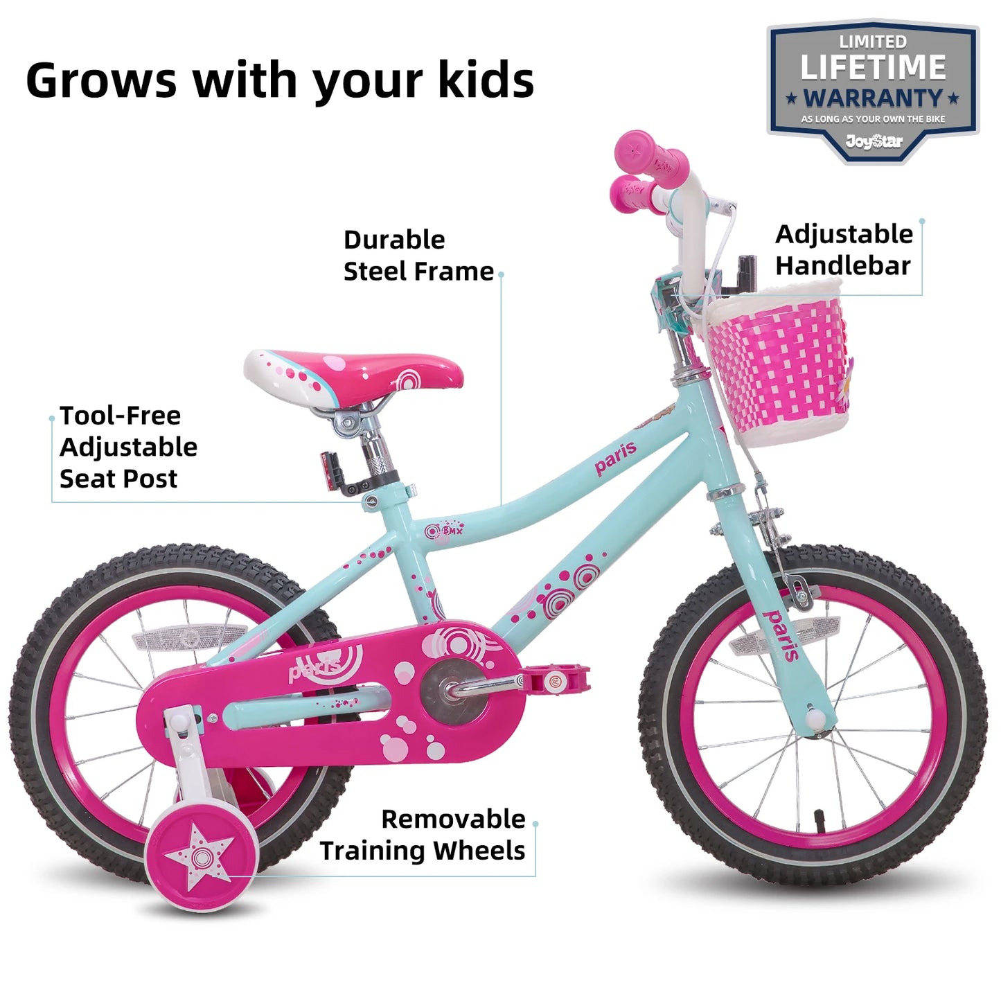 Joystar Kids Bike With Training Wheels Basket Water Bottle Handbrake