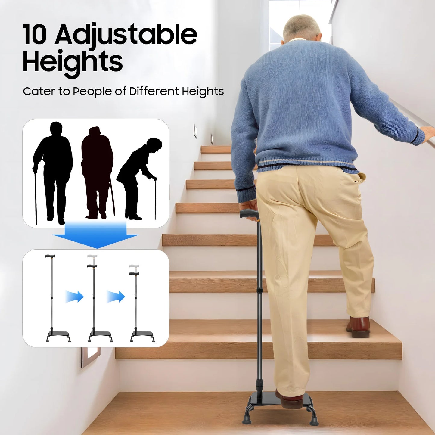 Bymaocar Four Leg Stair Assist Cane 2 In 1 Adjustable Mobility Aid