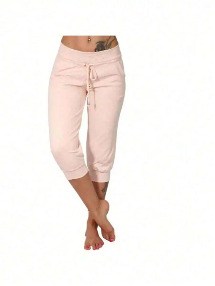 Women's Cotton Linen Drawstring Capri Pants Loose Casual Summer