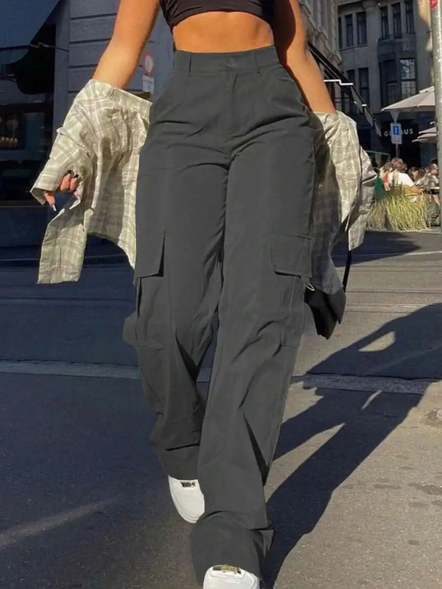 Women Cargo Trousers With Pockets Casual Loose Fit Full Length