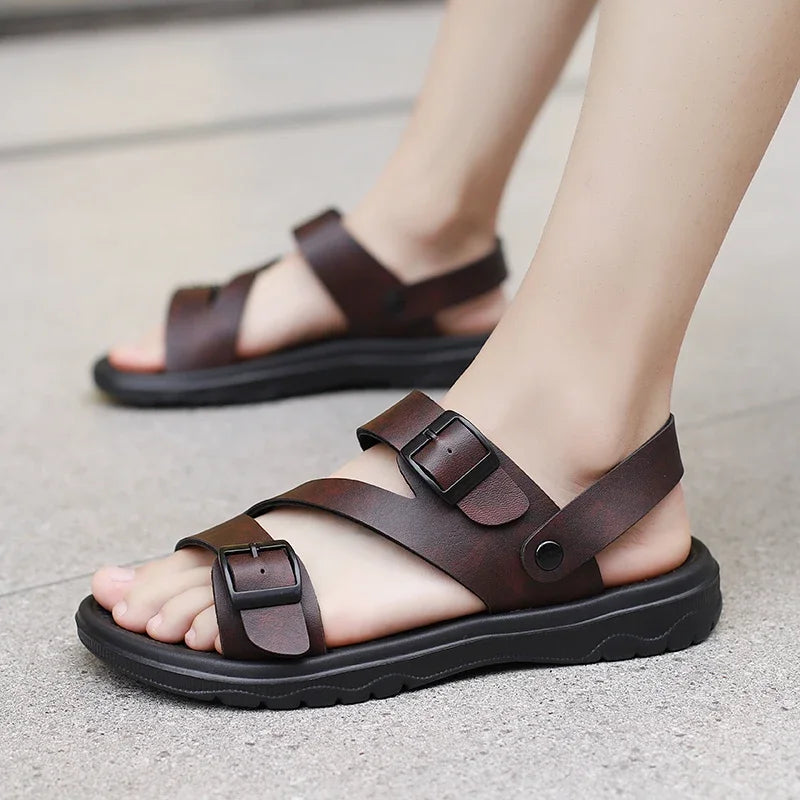 SUOJ Mens Leather Sandals Outdoor Non Slip Breathable Casual Shoes
