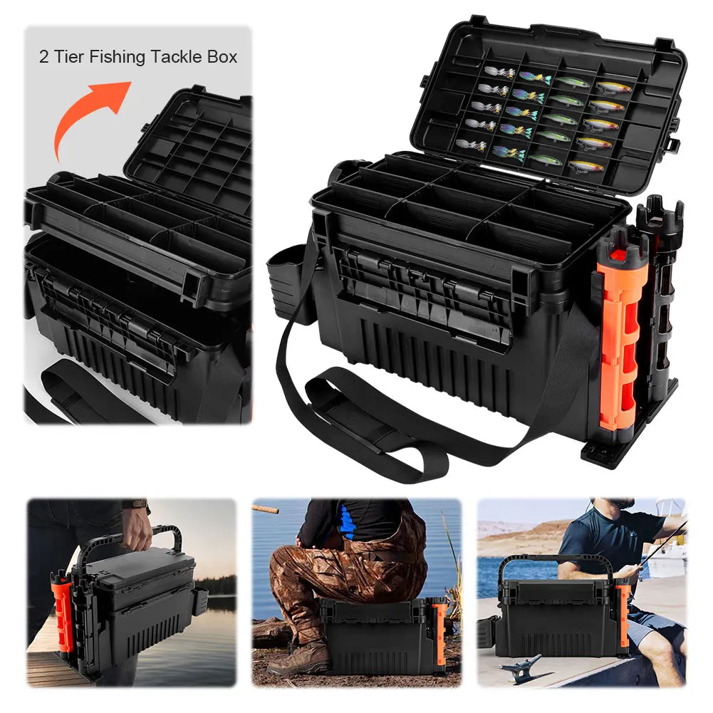 Shunmaii 2 Tier Fishing Tackle Box With Cup And Rod Holder