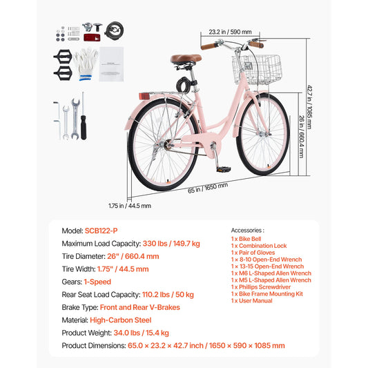 VEVOR Beach Cruiser Bike With Basket And Rear Rack Adjustable Seat
