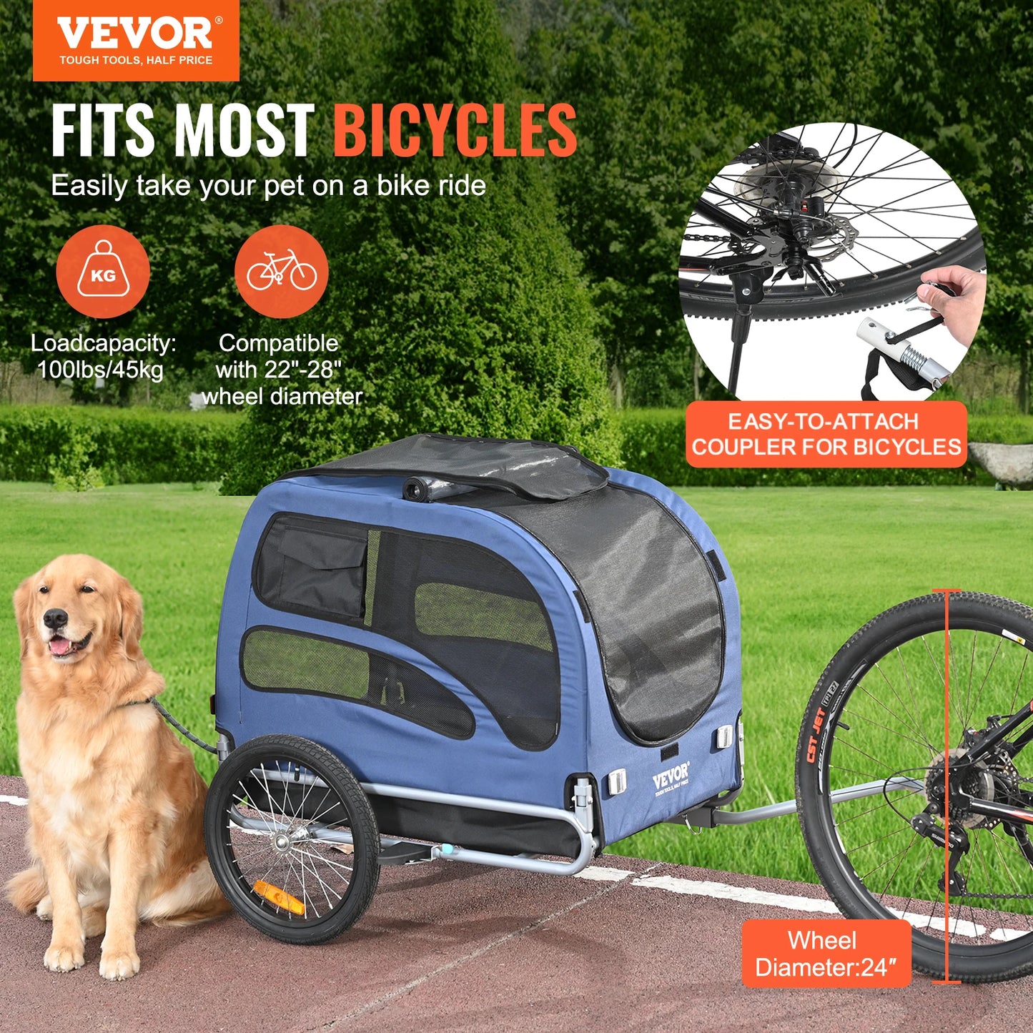 Dog Bicycle Trailer Carrier Collapsible 100 Lb Capacity