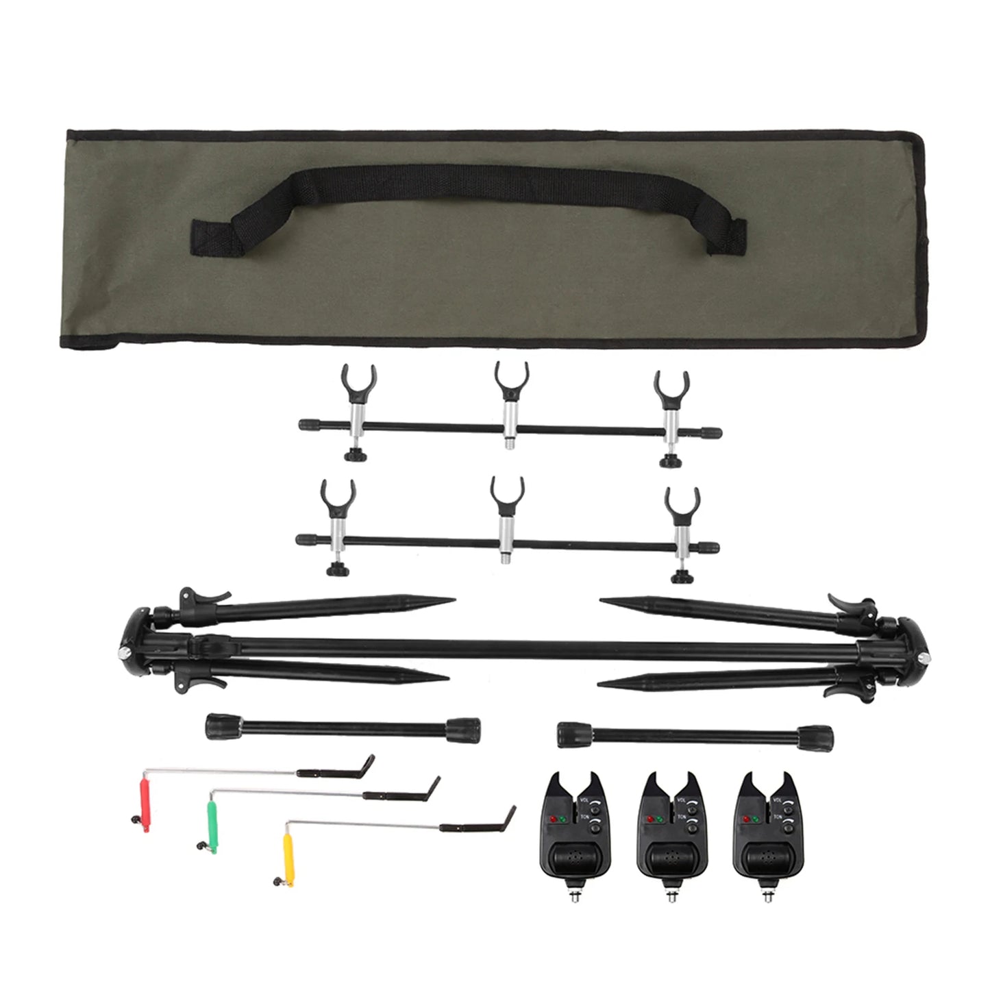 Adjustable Retractable Carp Rod Pod Stand With Bite Alarms And Swingers
