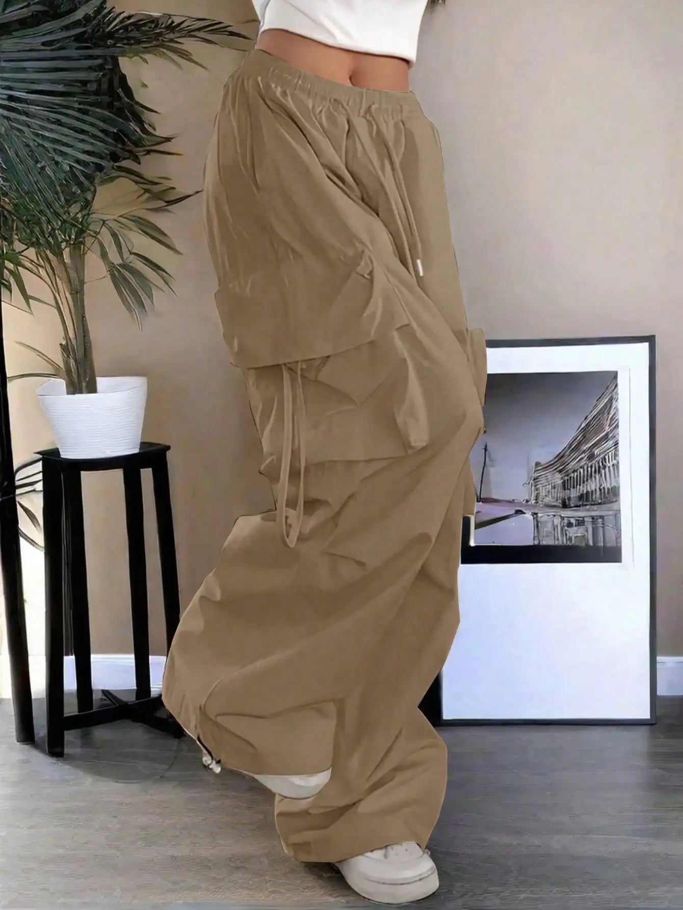 Loose Fit Cargo Pants With Drawstring Pockets For Casual Streetwear