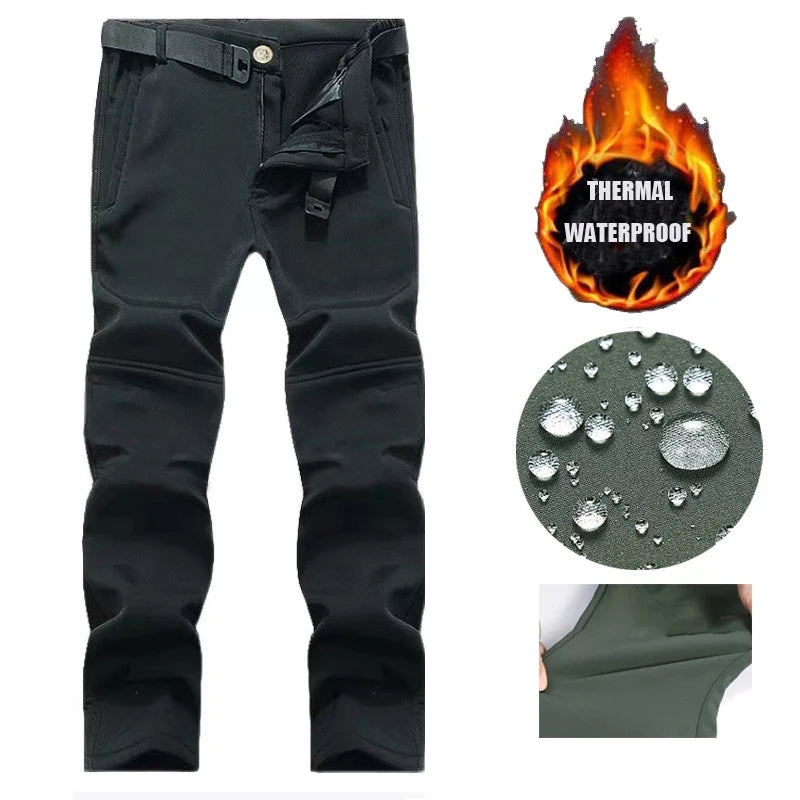 NONECN Men Winter Fleece Waterproof Cargo Pants For Outdoors