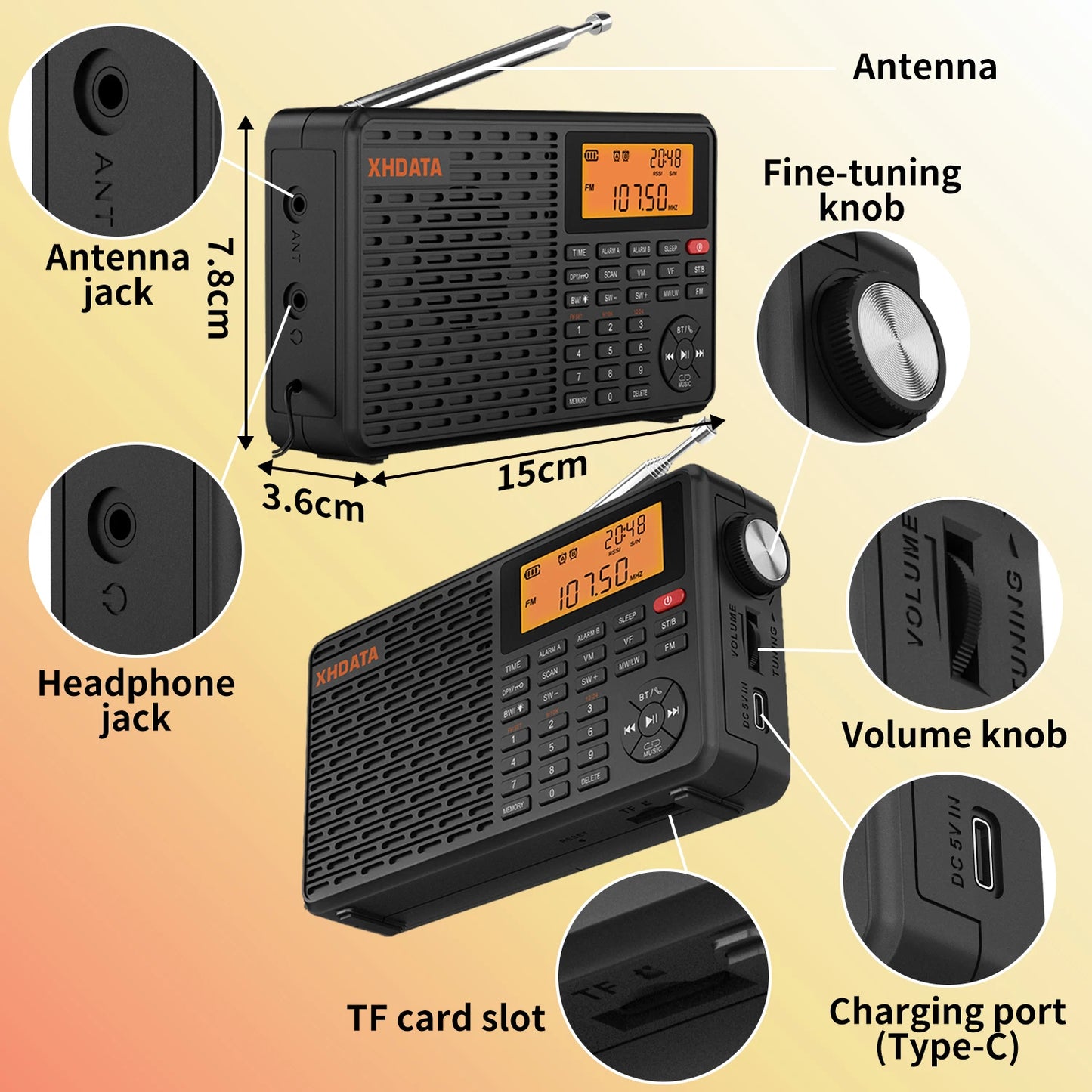 XHDATA D109 World Band Radio DSP AM FM SW Bluetooth