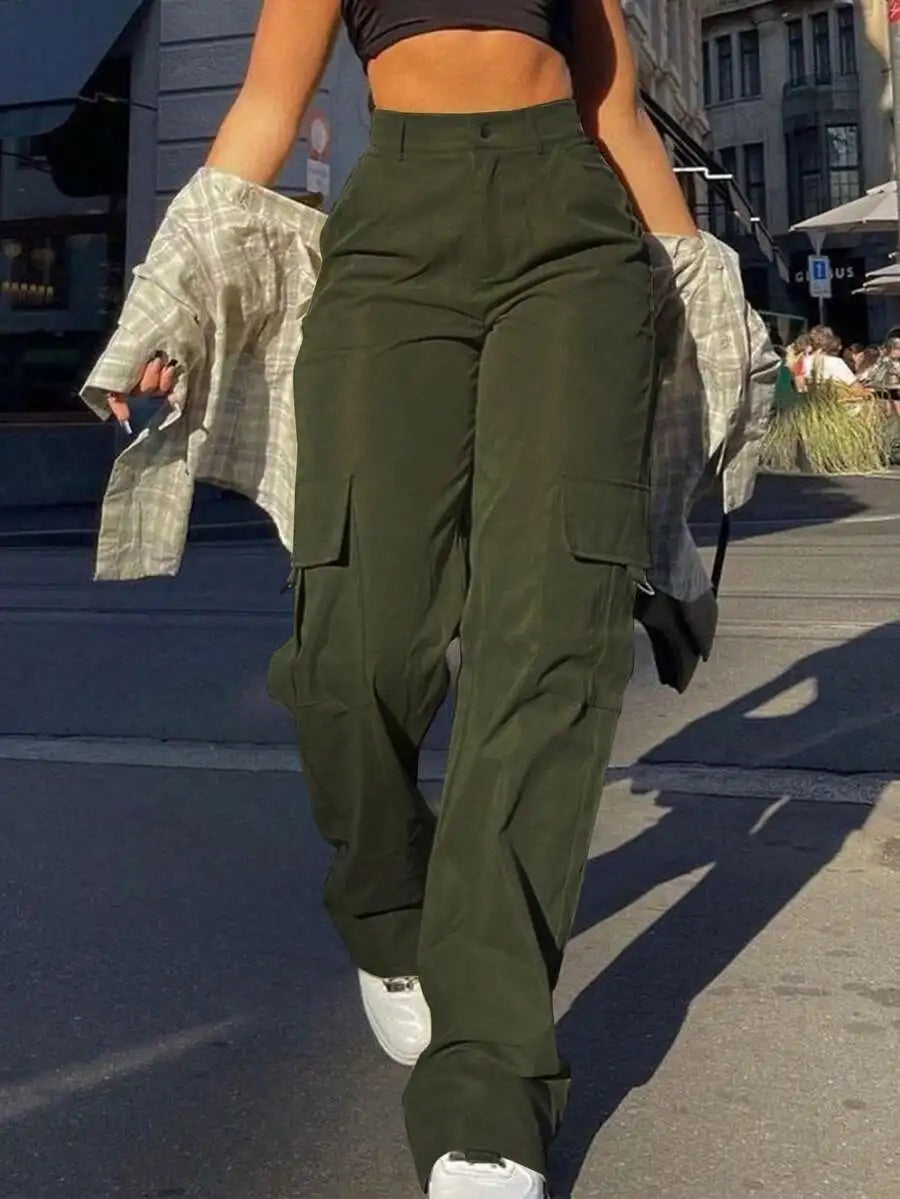 Women Cargo Trousers With Pockets Casual Loose Fit Full Length
