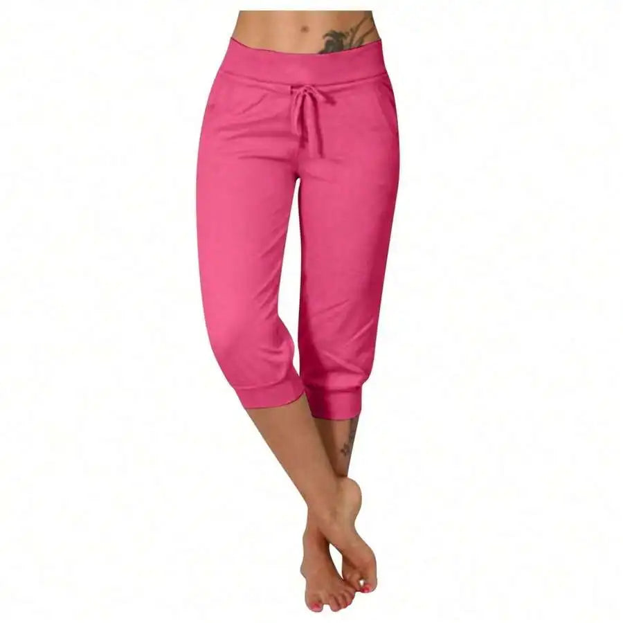 Women's Cotton Linen Drawstring Capri Pants Loose Casual Summer