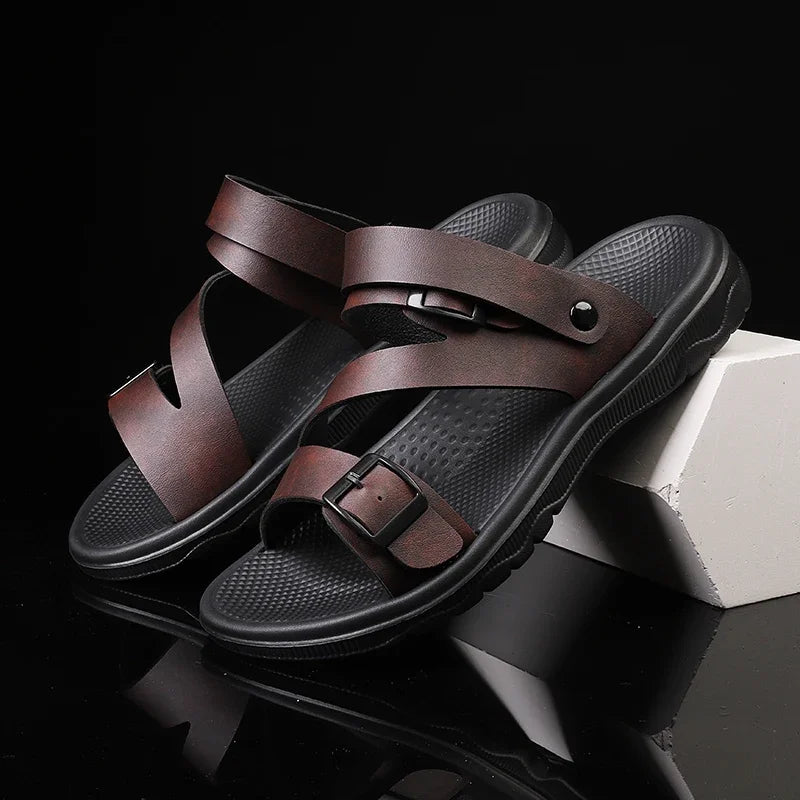 SUOJ Mens Leather Sandals Outdoor Non Slip Breathable Casual Shoes