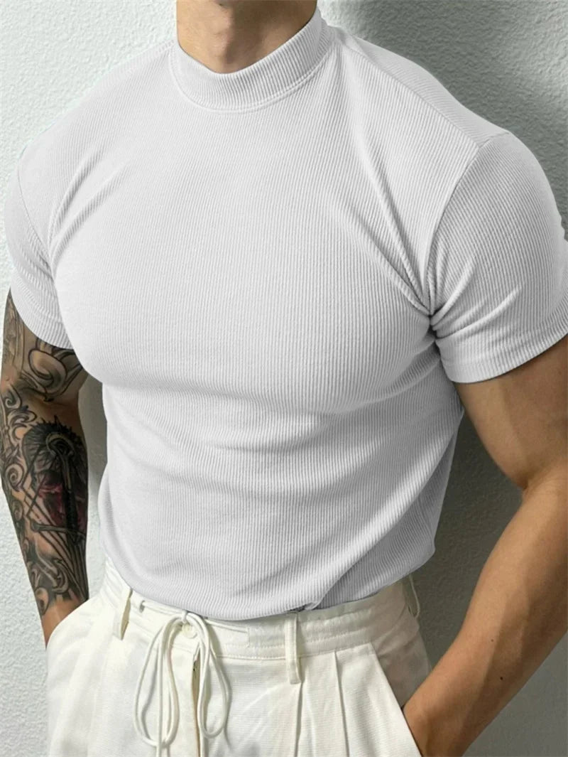 Women's Knit Polyester T Shirt With High Collar Stripe Short Sleeve Tee