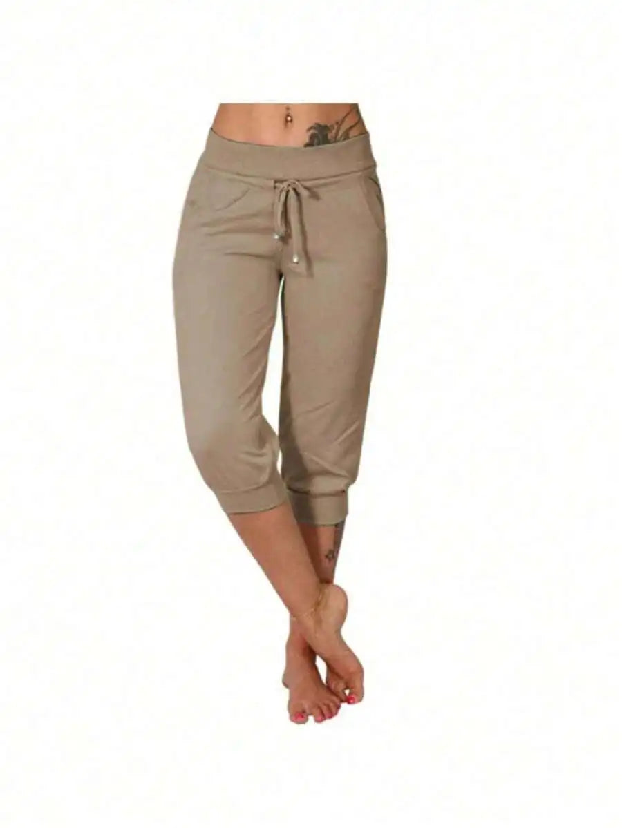 Women's Cotton Linen Drawstring Capri Pants Loose Casual Summer