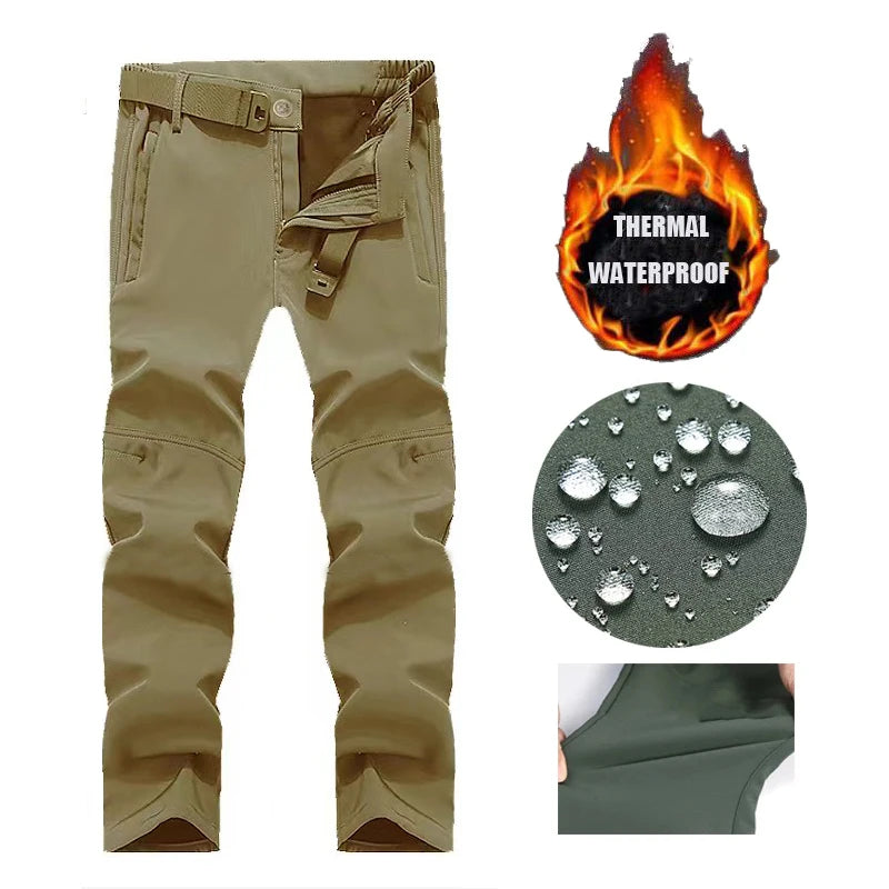 NONECN Men Winter Fleece Waterproof Cargo Pants For Outdoors