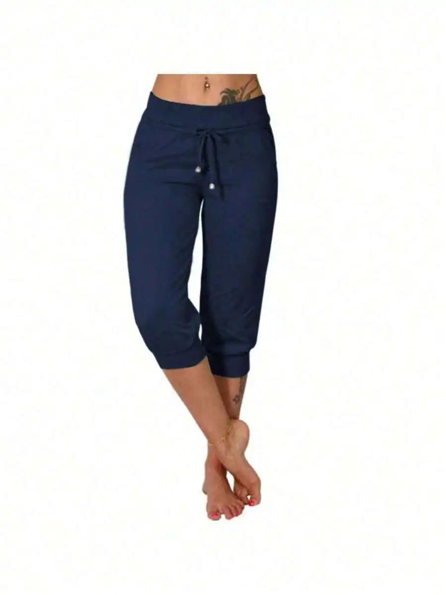 Women's Cotton Linen Drawstring Capri Pants Loose Casual Summer