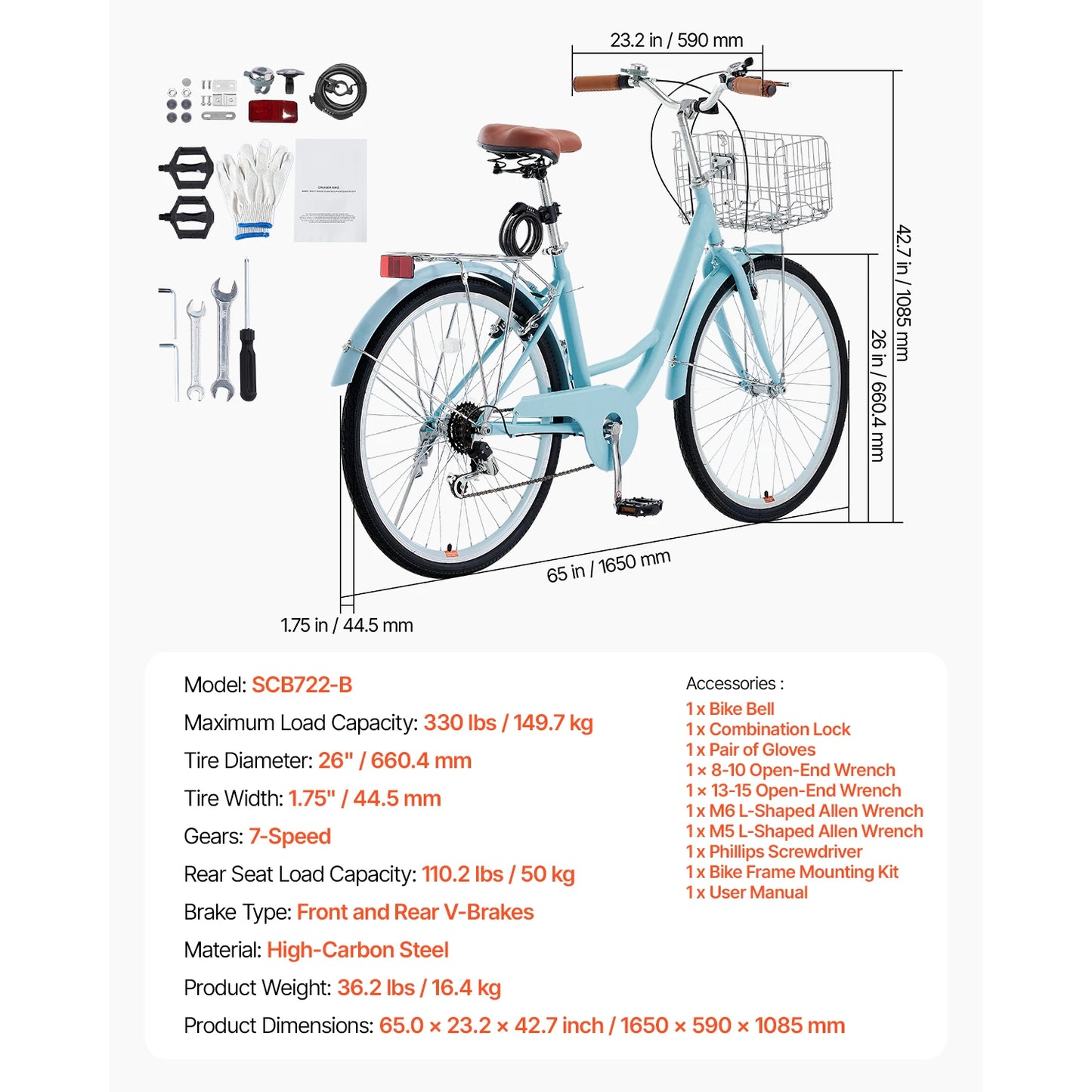 VEVOR Beach Cruiser Bike With Basket And Rear Rack Adjustable Seat