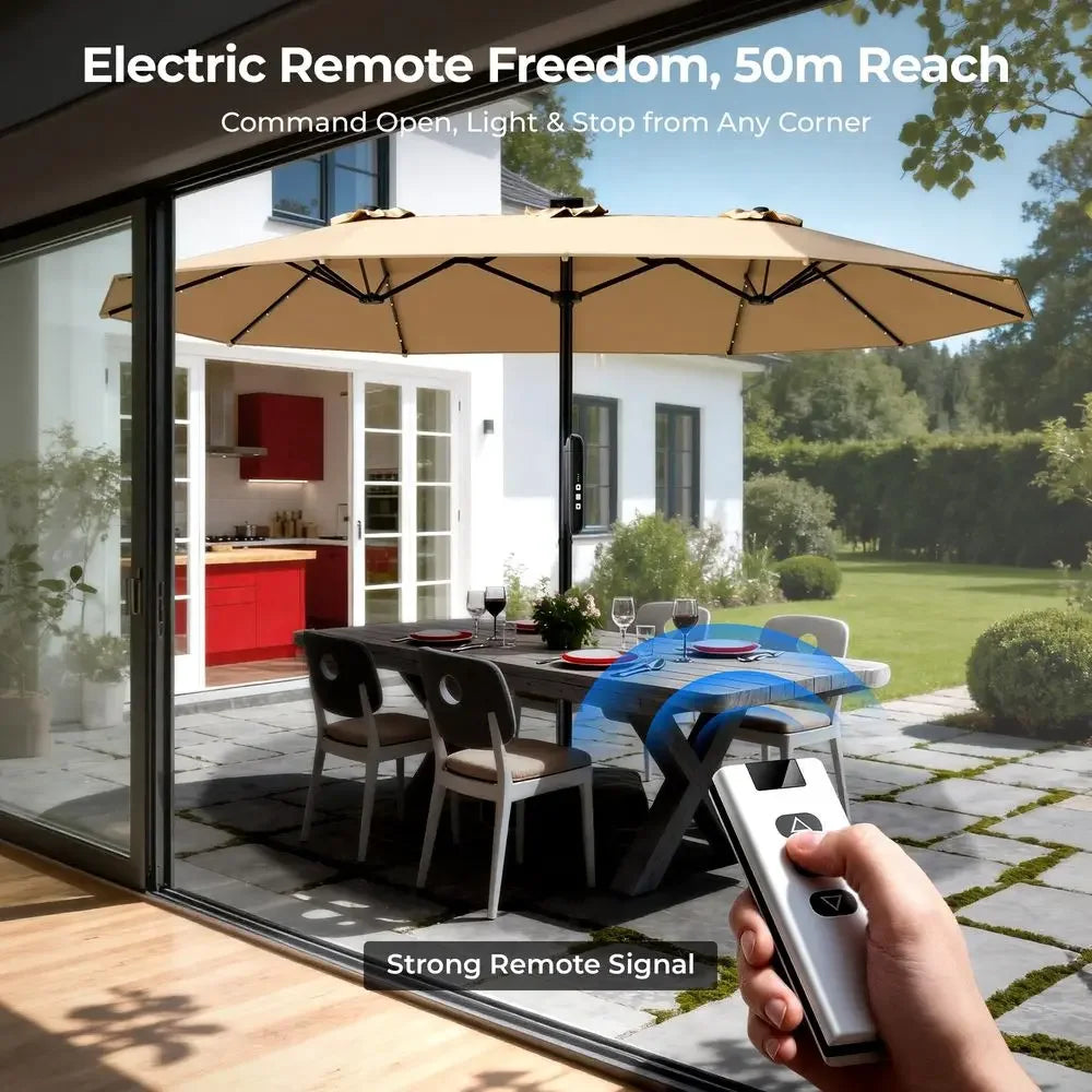 XMSJ Motorized Patio Umbrella With Base And Remote Solar Lights