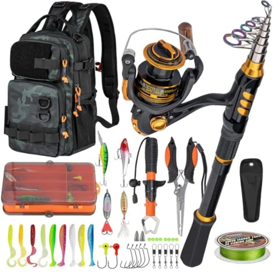 Telescoping Rod and Spinning Reel Combo with Lures Pliers Backpack