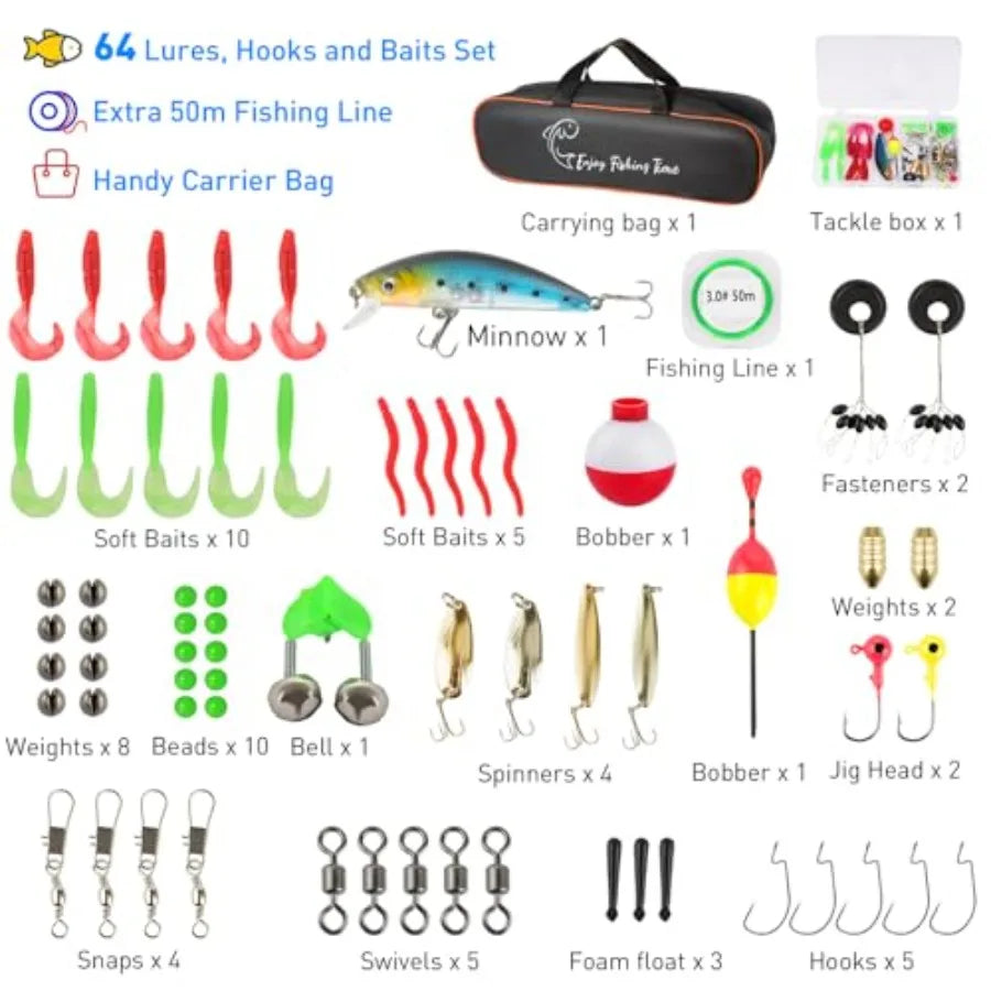 Beginner Telescopic Fishing Pole Kit With Spincast Reel Tackle Box