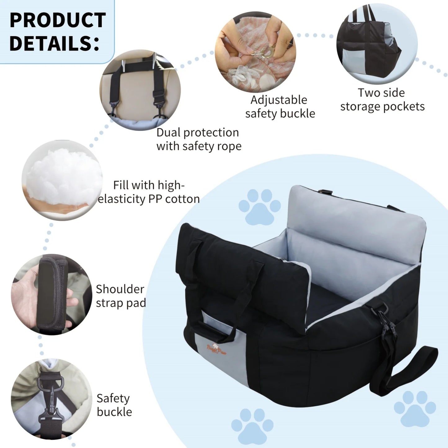 BINGOPAW Dog Car Seat For Small Dogs Washable Safety Belt