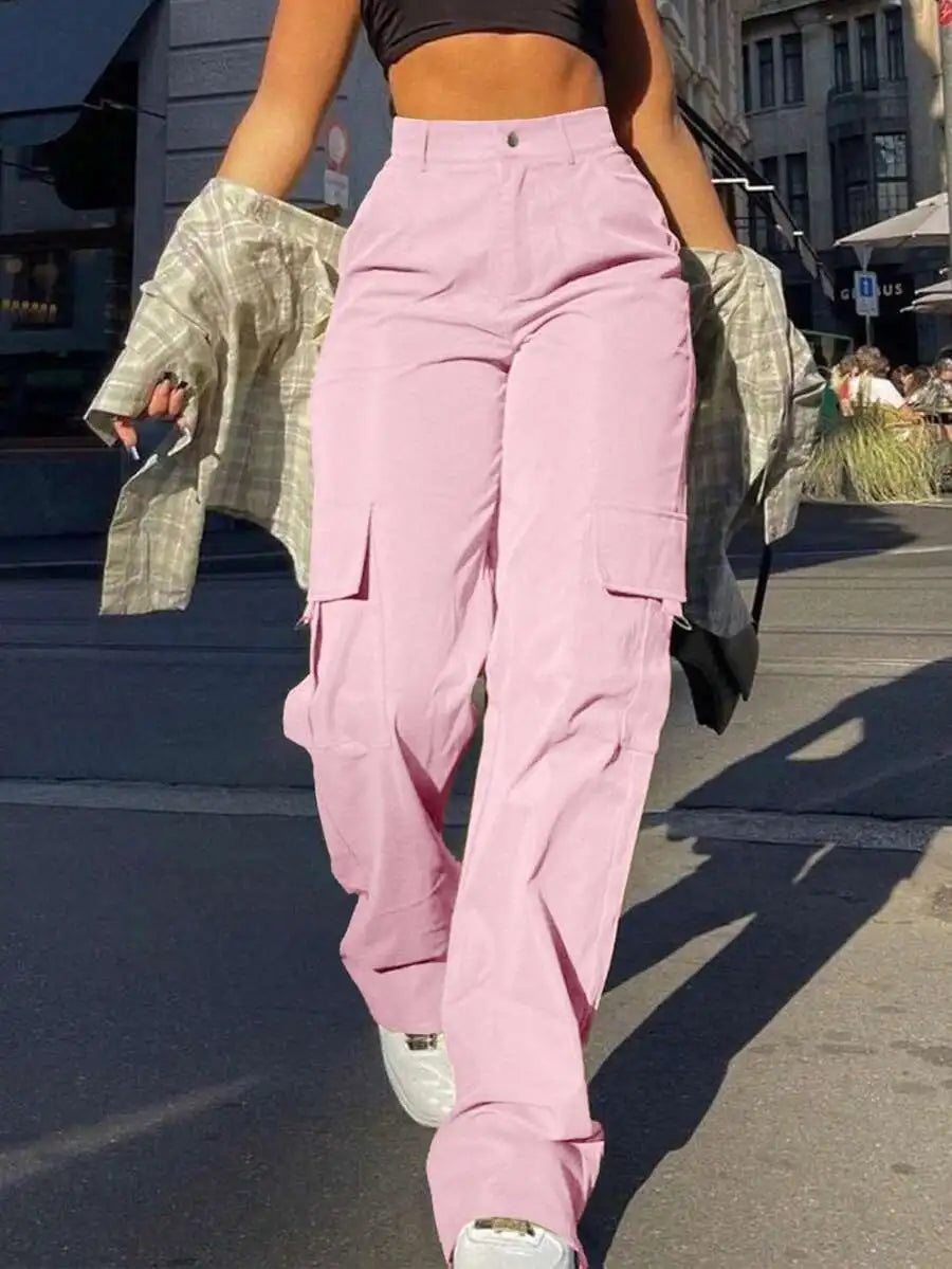 Women Cargo Trousers With Pockets Casual Loose Fit Full Length