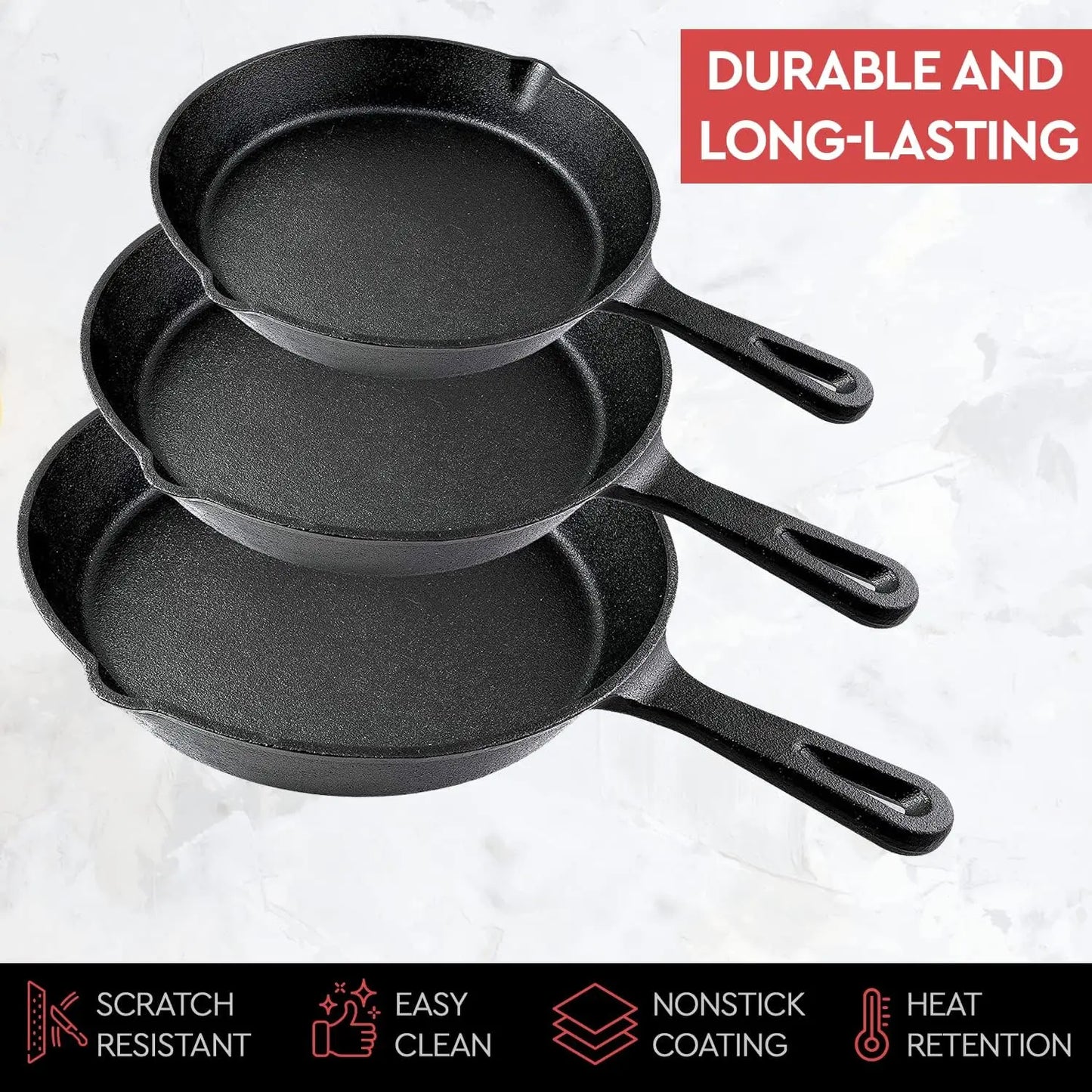 Cast Iron Skillet Set 3 Piece Preseasoned Frying Saute Cookware
