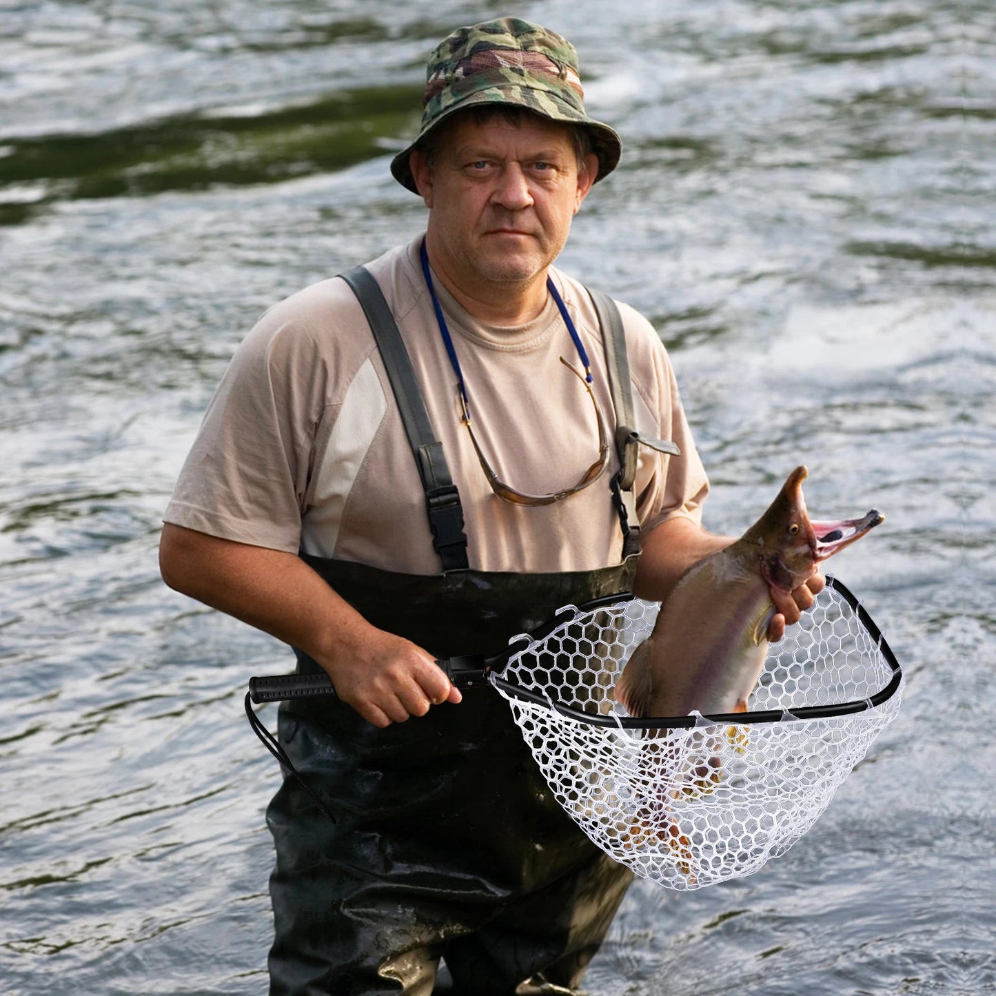 HiMISS Foldable Trout Fly Fishing Net With Handle Soft Rubber