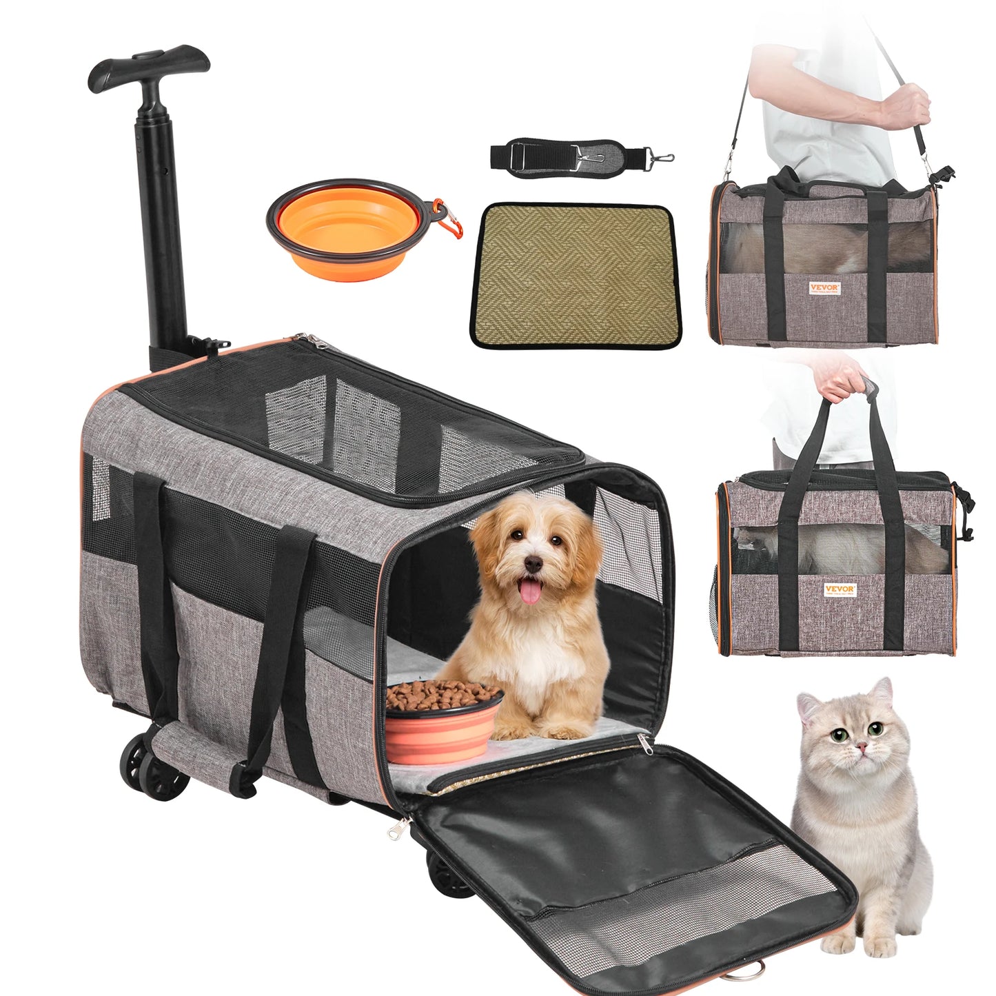 Airline Approved Rolling Pet Carrier For Cats And Dogs With Wheels Handle Bowl