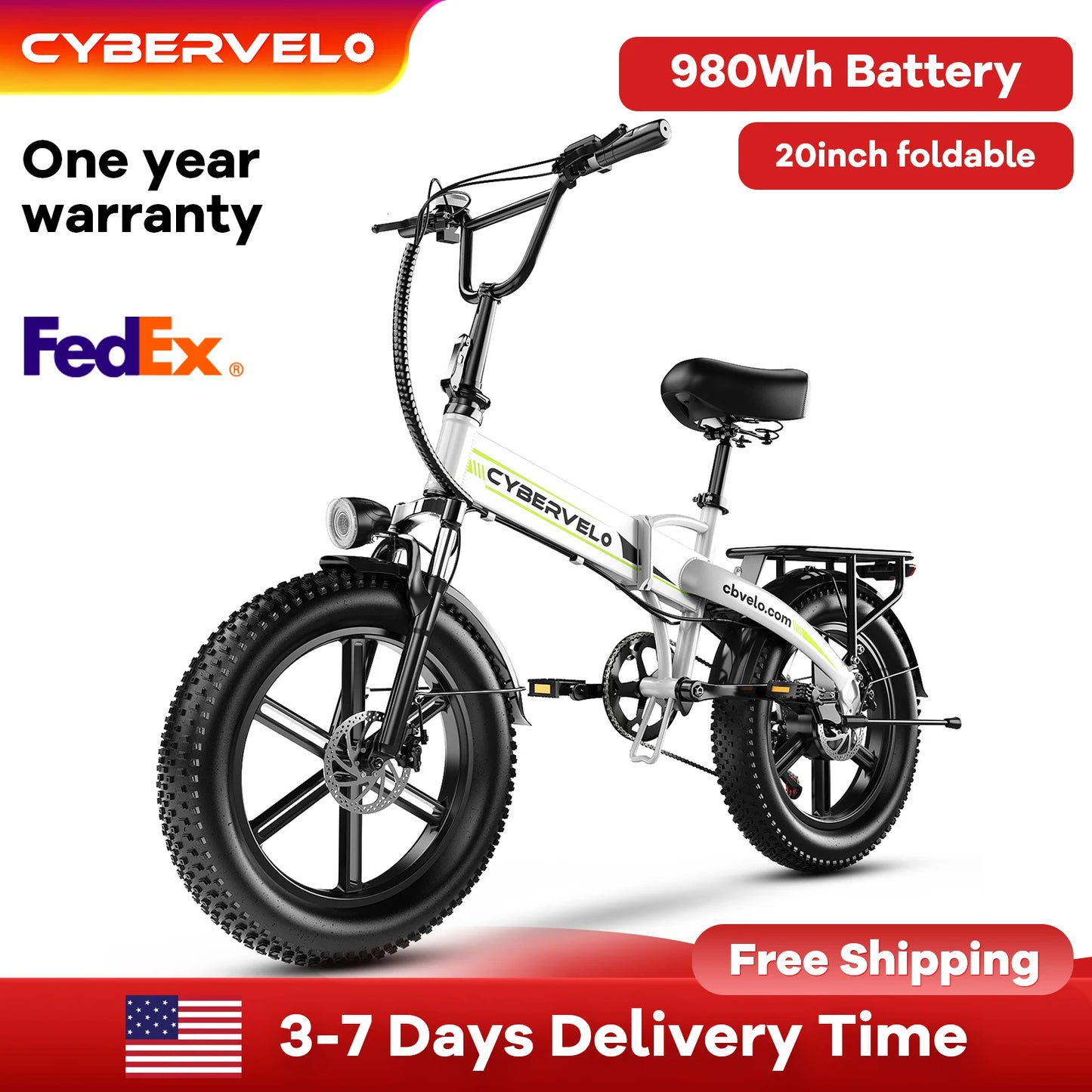 CYBERVELO 1000W Folding Fat Tire Electric Bike EK5 All Terrain