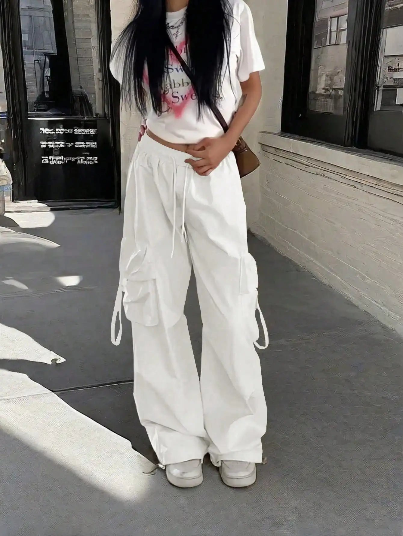 Loose Fit Cargo Pants With Drawstring Pockets For Casual Streetwear
