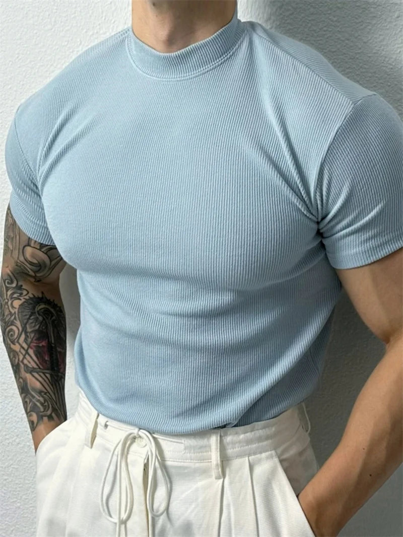 Women's Knit Polyester T Shirt With High Collar Stripe Short Sleeve Tee
