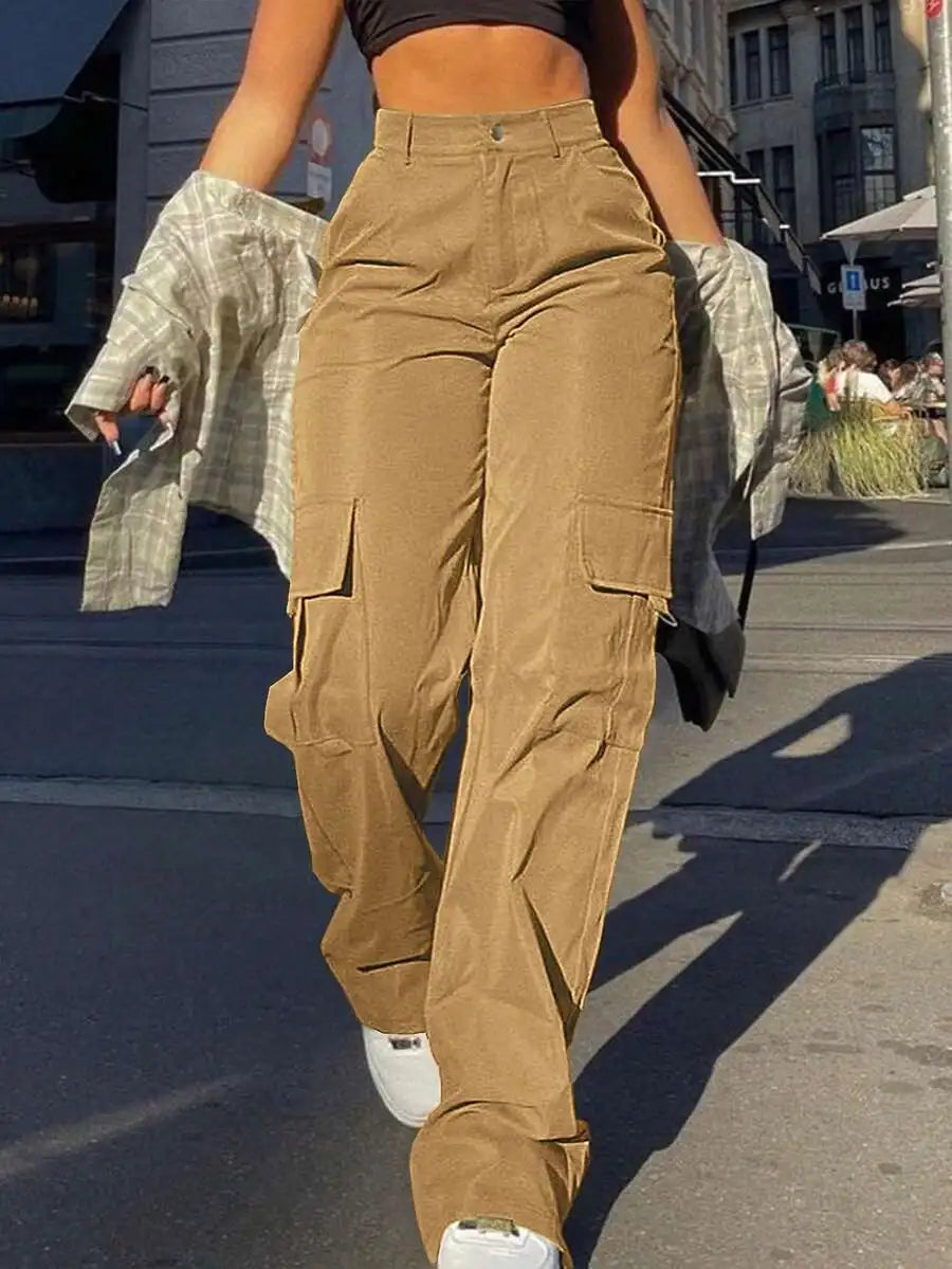 Women Cargo Trousers With Pockets Casual Loose Fit Full Length