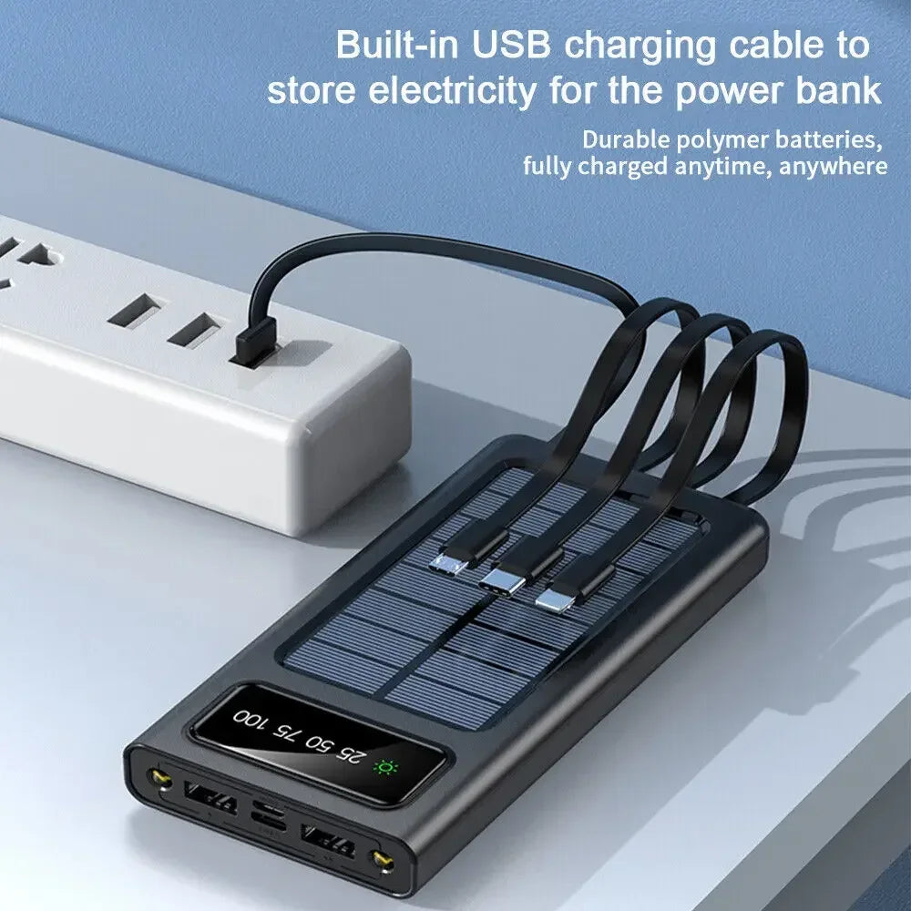200000mAh Solar Power Bank  4-USB Cable Portable Charger Ultra-Large Capacity Mobile Power Suitable For Samsung Apple Huawei