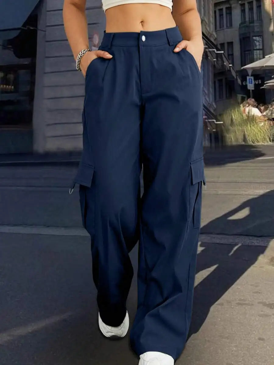Women Cargo Trousers With Pockets Casual Loose Fit Full Length