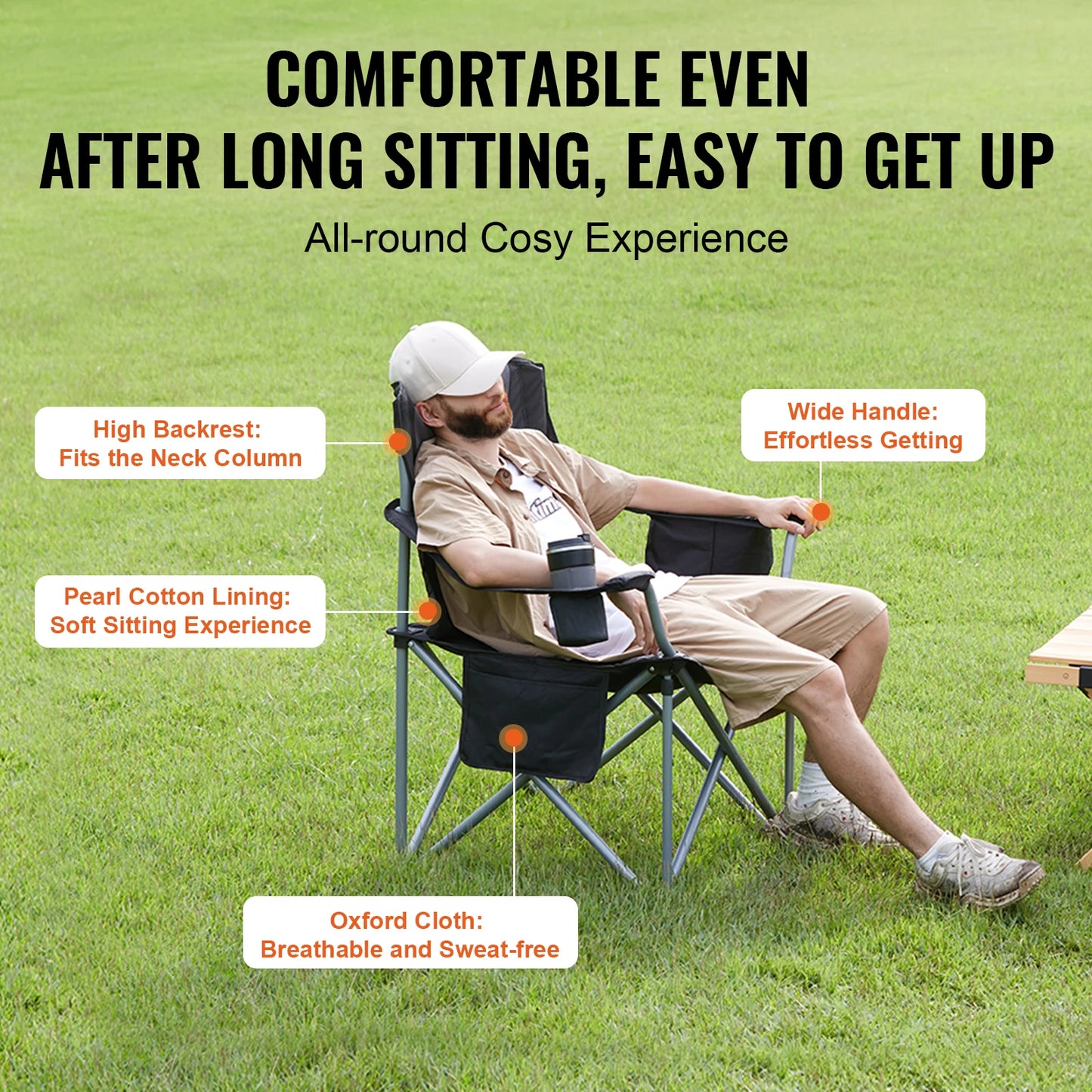 VEVOR Camping Folding Chair Quad Lumbar Back Support With Pockets
