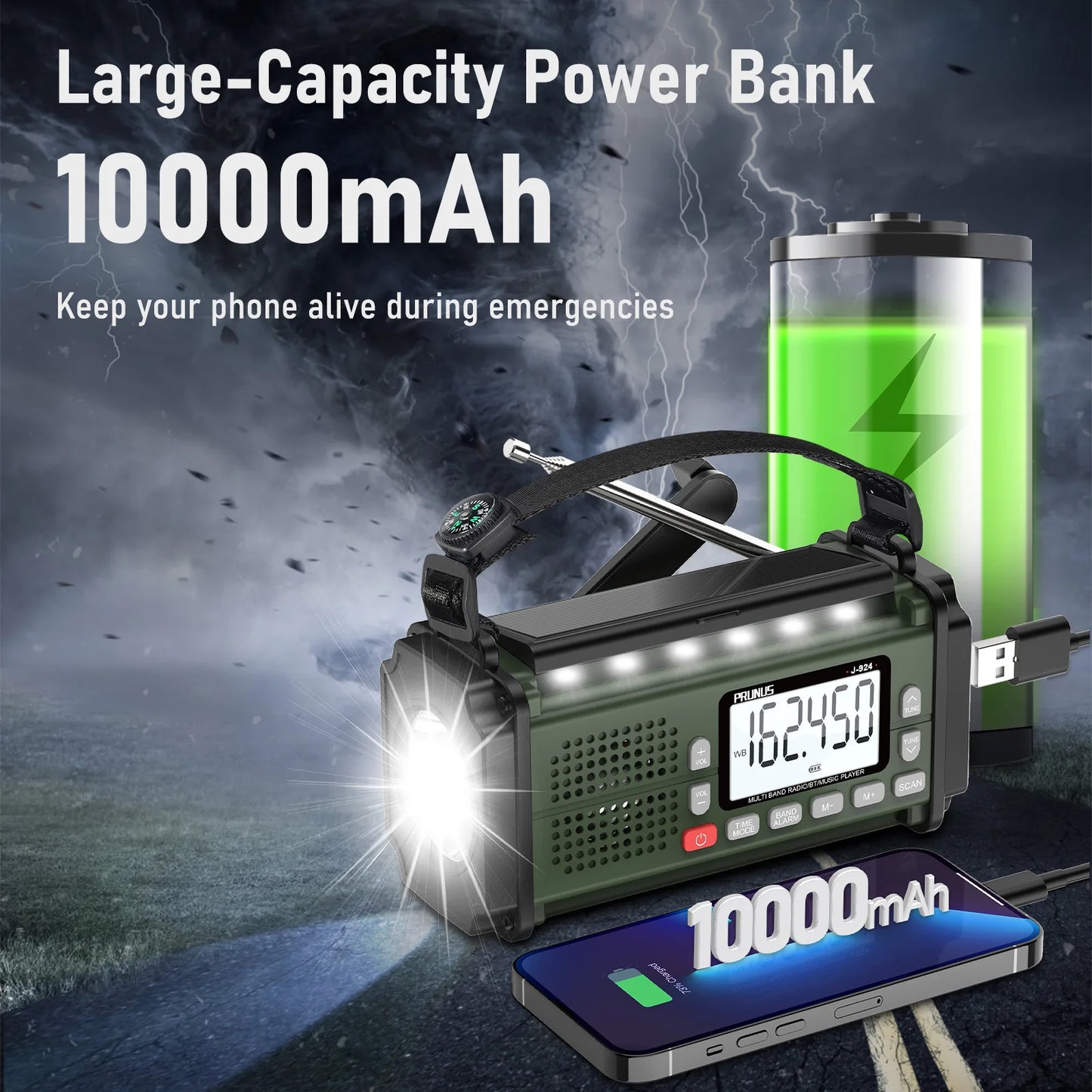 PRUNUS 924 10000mAh Hand Crank Emergency Radio With Solar